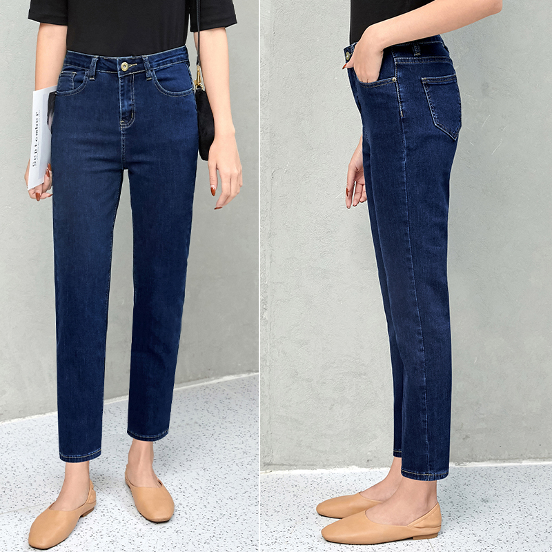 深蓝牛仔裤女直筒小个子烟管韩国高腰显瘦八九分裤2021春秋冬加绒