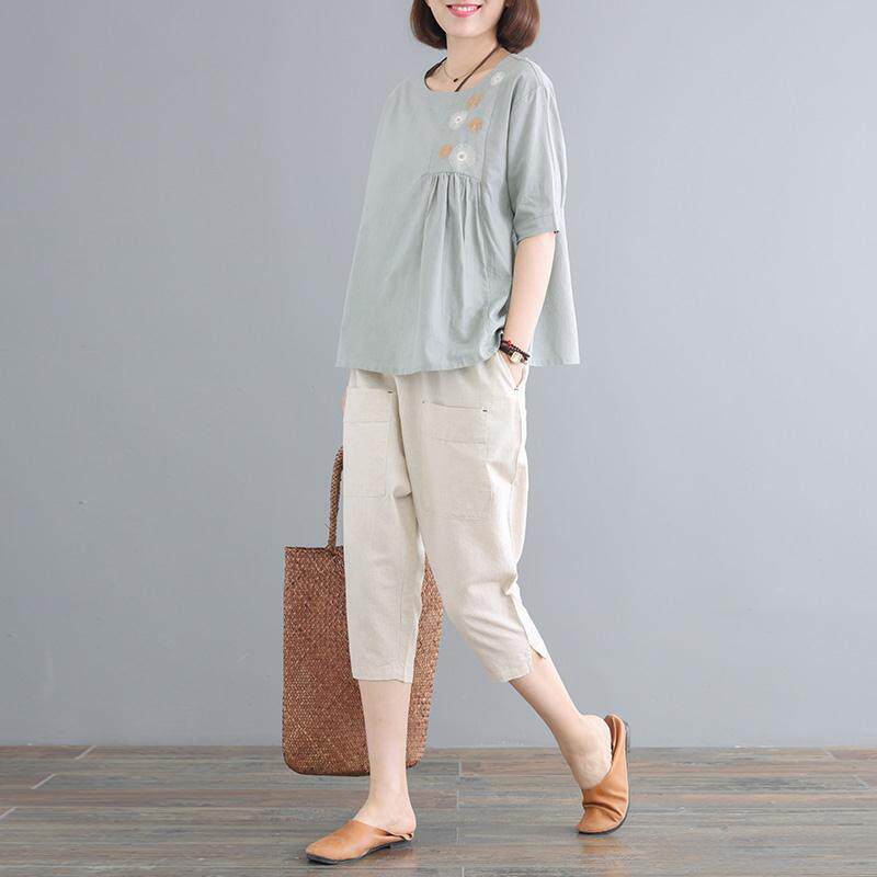 95棉大码两件套2020夏装新款韩版宽松刺绣洋气仿棉麻休闲套装女潮