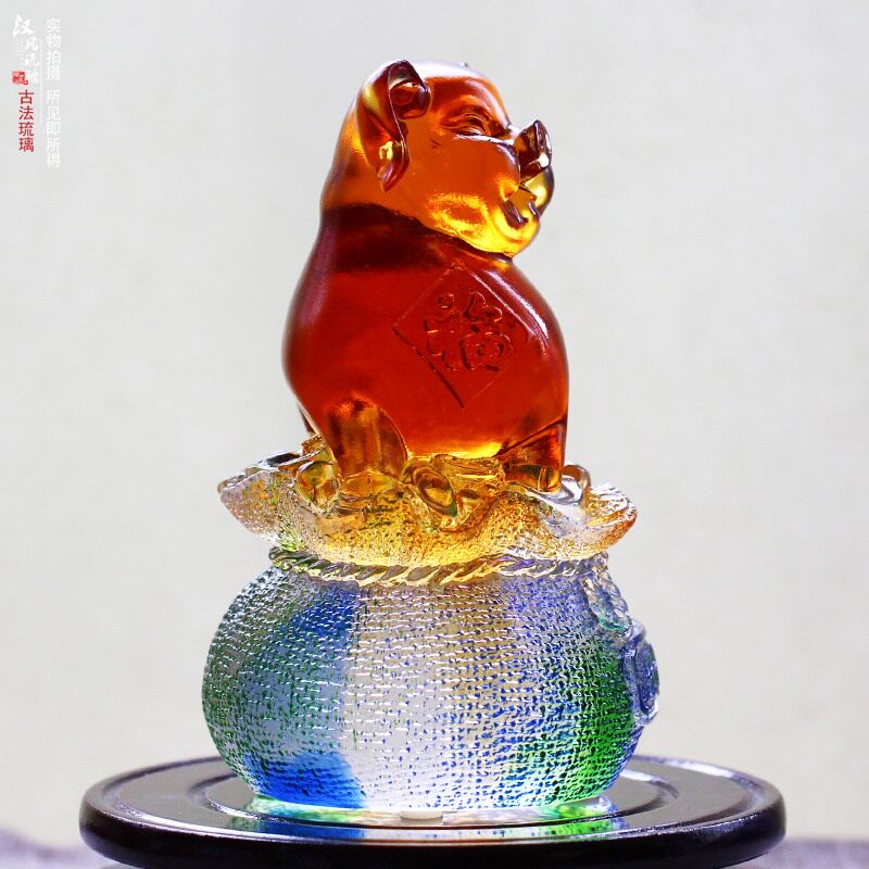 古法琉璃招财纳福生肖猪公仔酒柜装饰品水晶猪生日礼物可爱车摆件