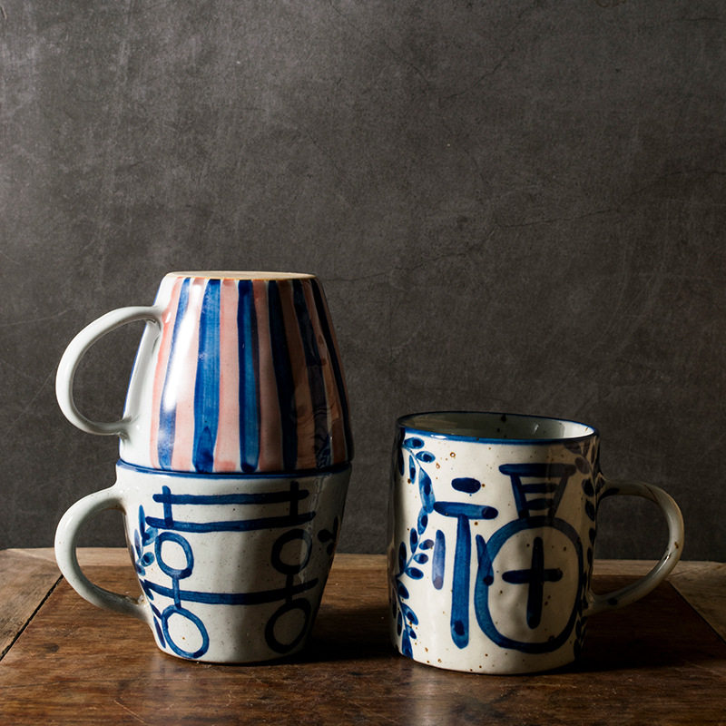 日式复古手工陶瓷粗陶咖啡杯双喜福字青花结婚奶杯