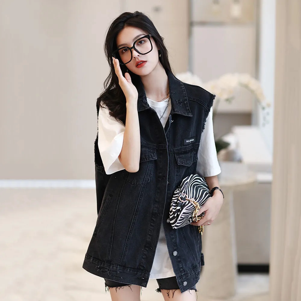 牛仔马甲外套女秋冬2022新款宽松外搭复古中长款无袖坎肩背心马夹