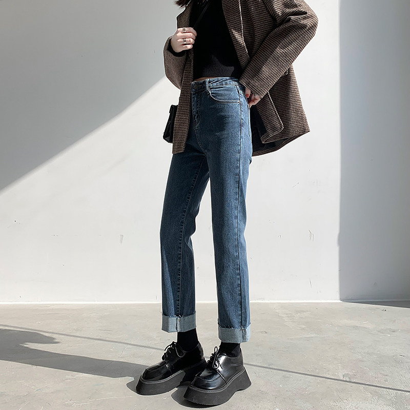 复古蓝卷边直筒牛仔裤女2022年新款秋冬高腰显瘦翻边加绒烟管裤子