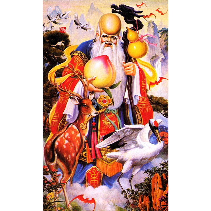南极仙翁寿星寿仙贺寿图寿桃仙鹿中堂客厅装饰国画
