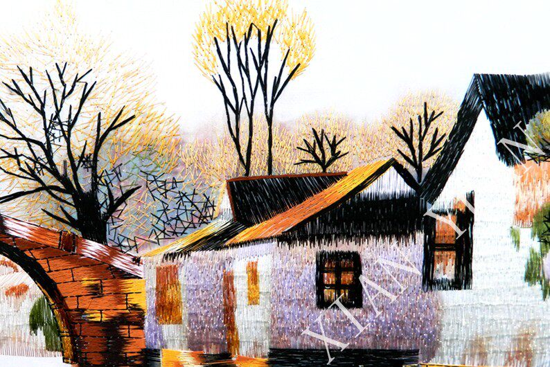 苏绣手工刺绣客厅风景画软裱礼品苏州精品乡村苏绣