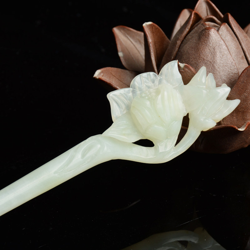 天然玉石发簪莲花花朵精雕白玉汉服配饰步摇发饰