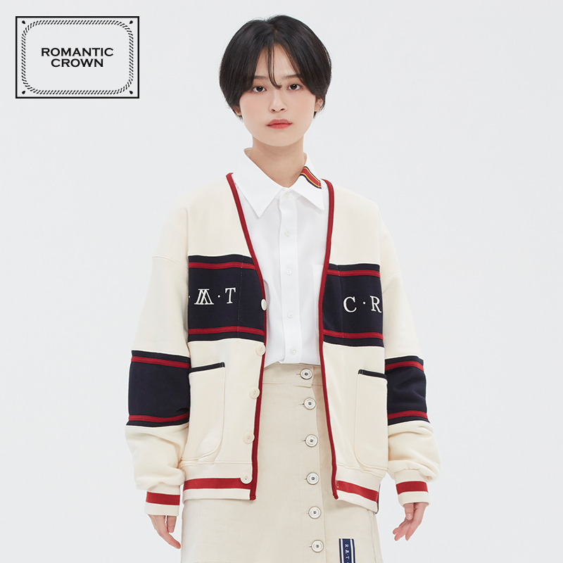 ROMANTIC CROWN新款韩版春装女针织衫开衫外套韩版拼色上衣