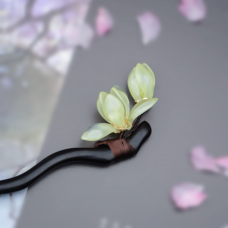 古风玉兰花黑檀木发簪琉璃盘发木簪高级感原创简约现代木质簪子女