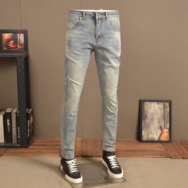 夏季浅色怀旧牛仔裤男潮牌弹力修身韩版潮流高端复古休闲长裤子男