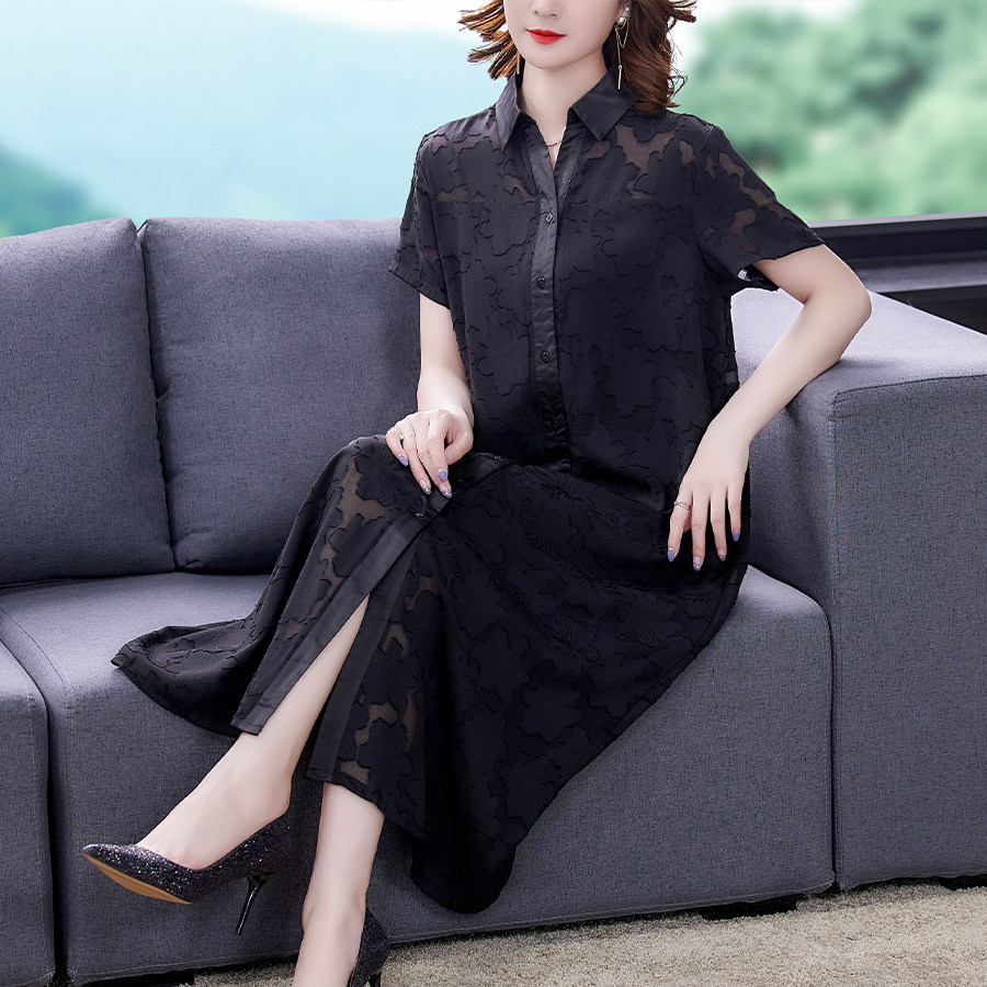 大牌真丝连衣裙女中中年妈妈气质黑色夏天香云连衣裙