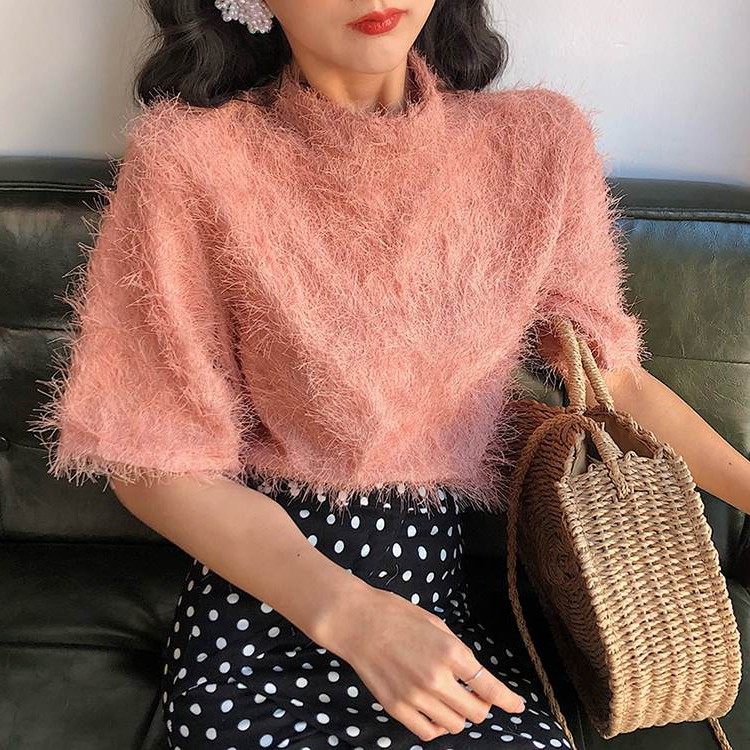 日本购短袖流苏上衣女2018春夏新款韩版复古宽松圆领毛毛打底t恤