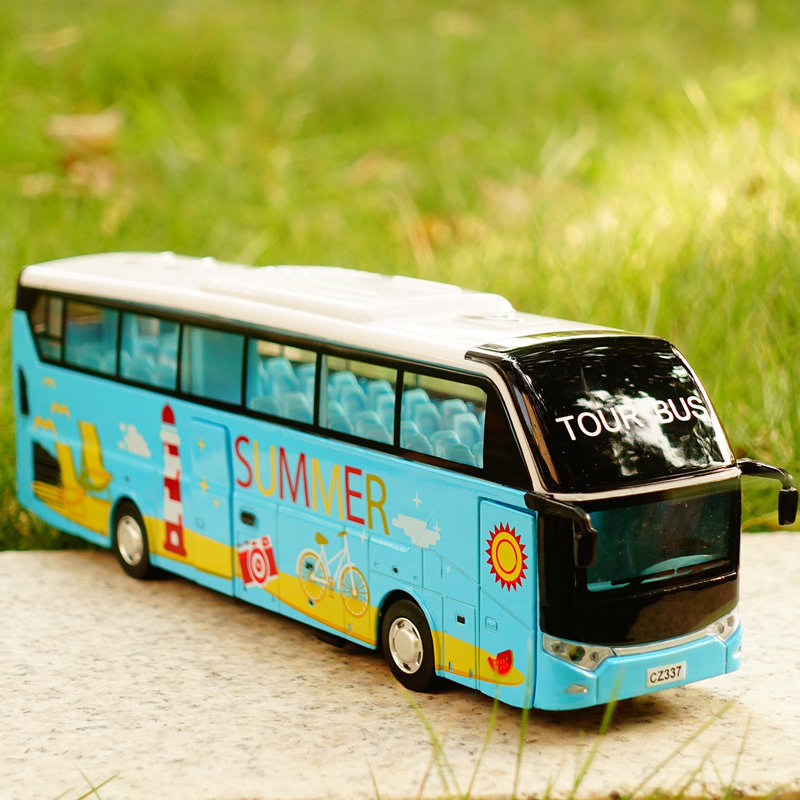 巴士彩珀旅游大巴合金车模儿童玩具仿真汽车模型声光合金车