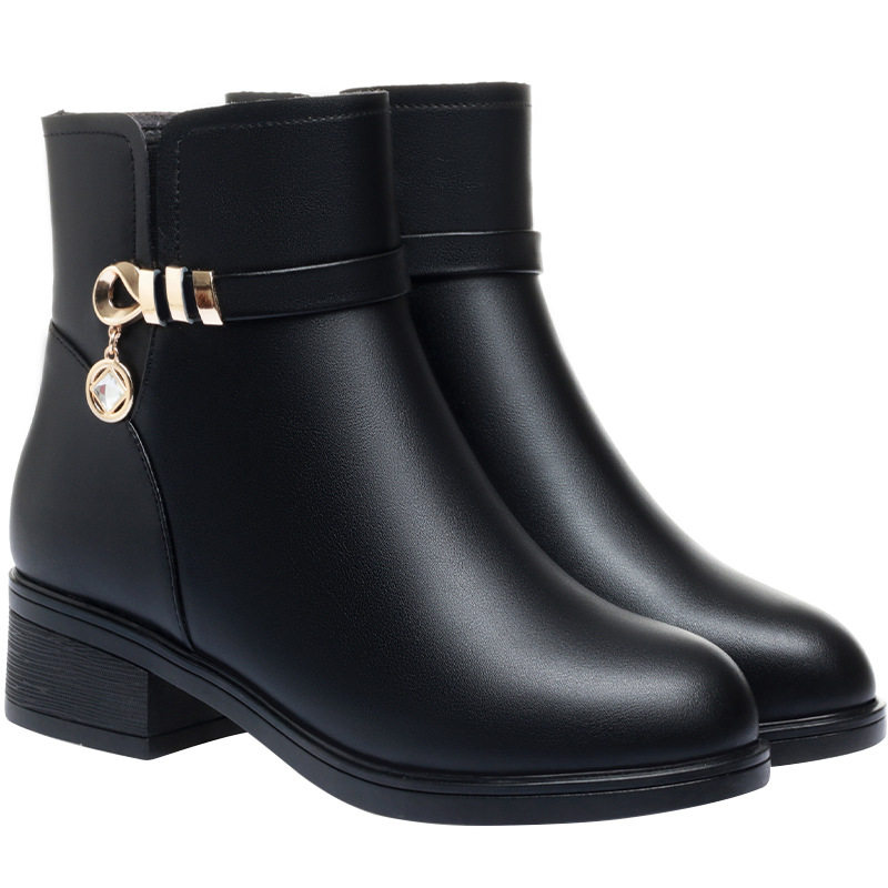 妈妈棉鞋真皮羊毛加厚短靴平底粗跟棉靴保暖