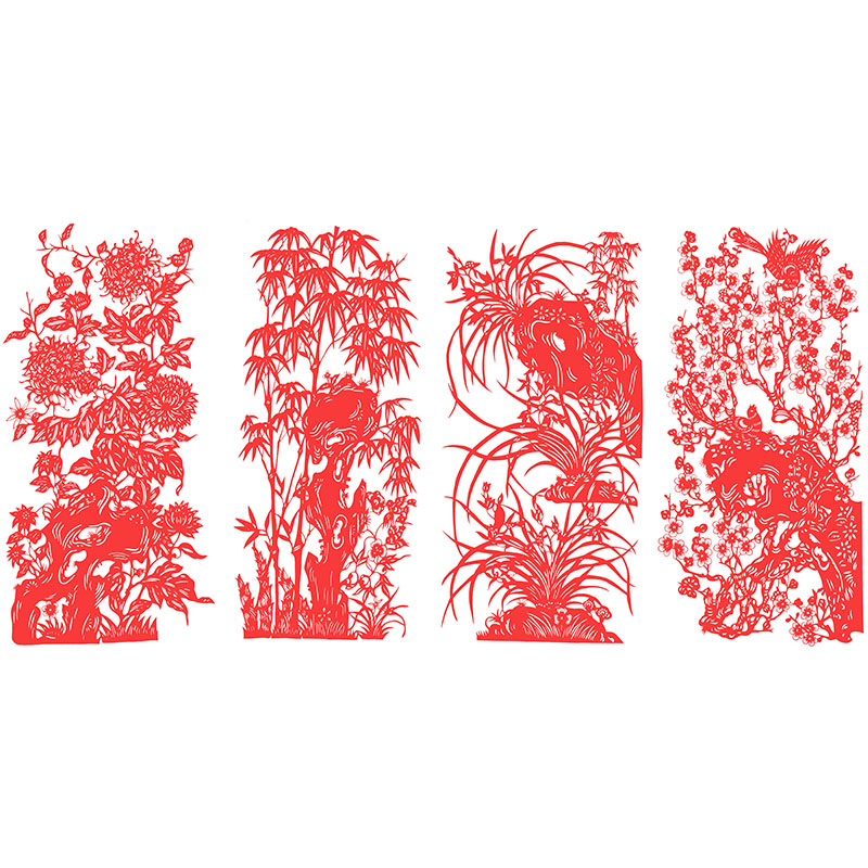 春夏秋冬梅兰竹菊熊猫手工四条扇屏剪纸画成成品中国剪纸