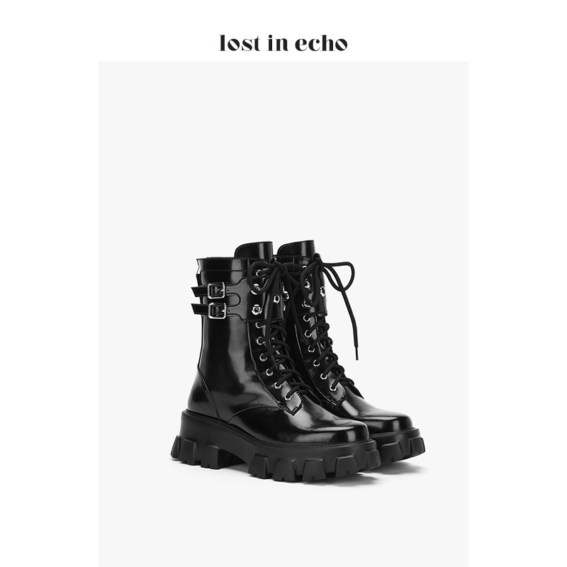 郑爽/喻言/宋妍霏同款设计师lost in echo厚底马丁靴黑色金属气眼