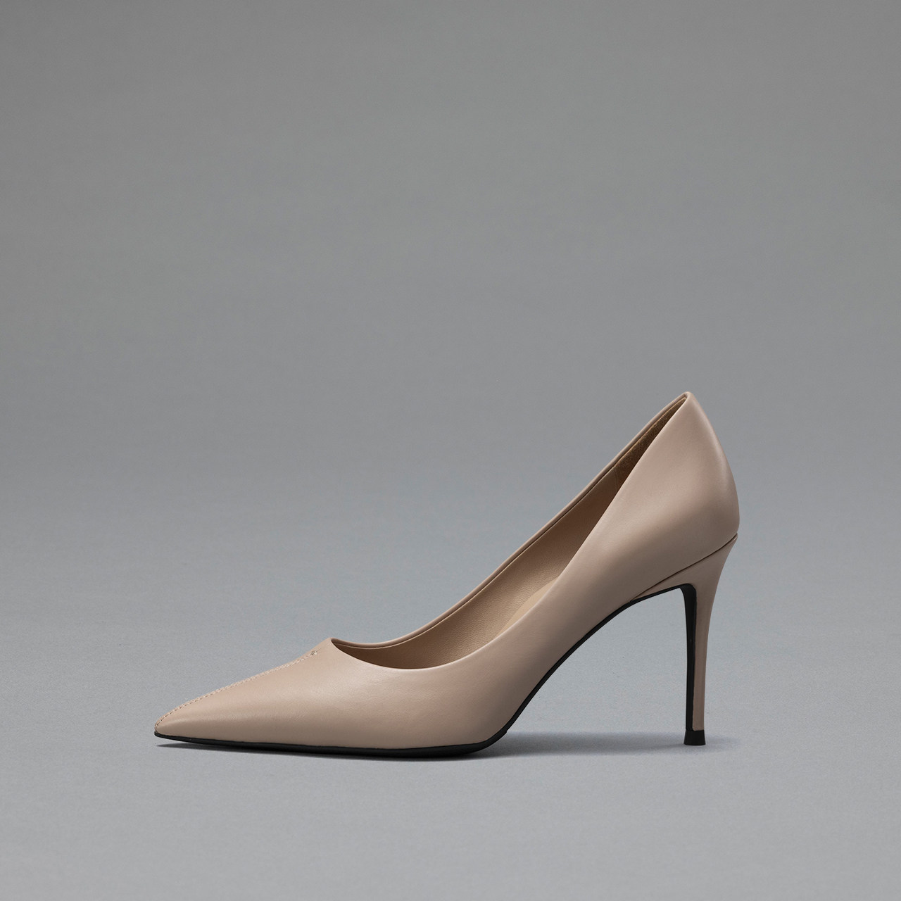 烫社交女鞋杏裸色胎牛皮高跟鞋缝线时尚百搭欧美尖头单鞋子春季