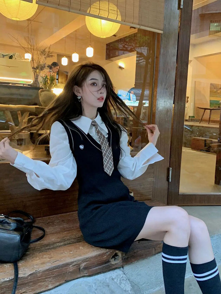 秋冬韩系学院风jk制服两件套装包臀裙小香风御姐减龄茶系连衣裙女