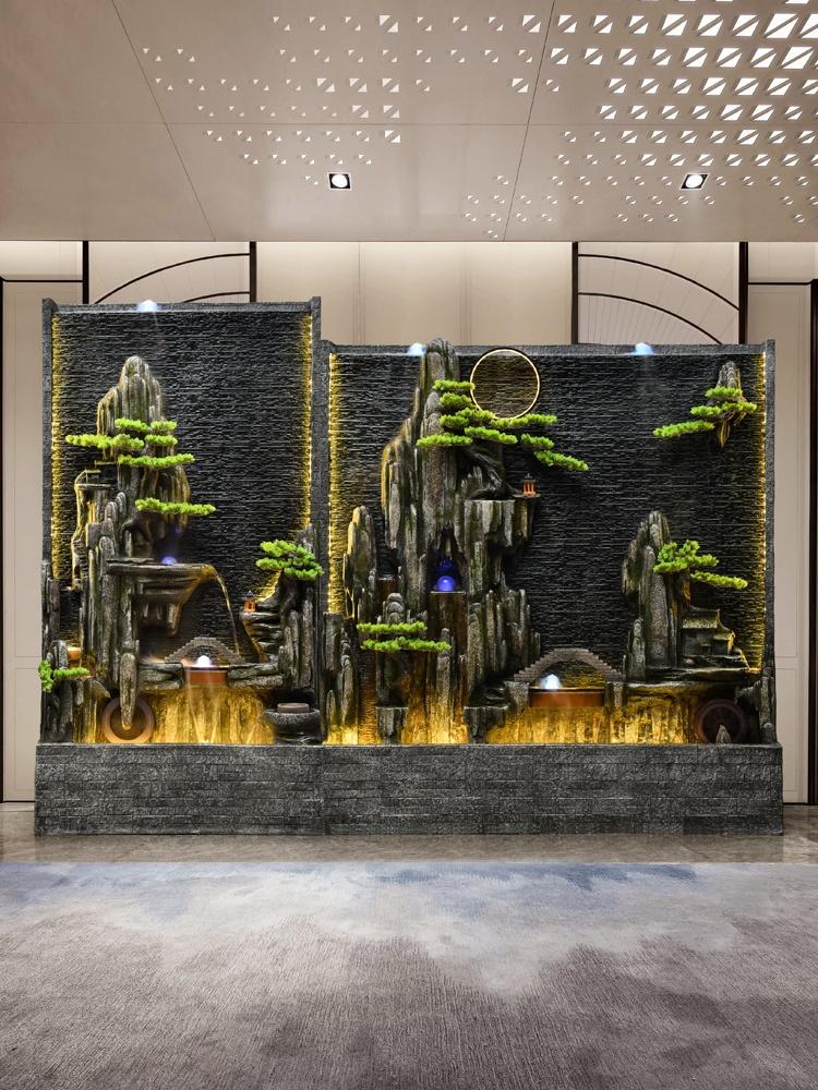 大型假山山水幕墙流水隔断屏风客厅会所背景墙摆件