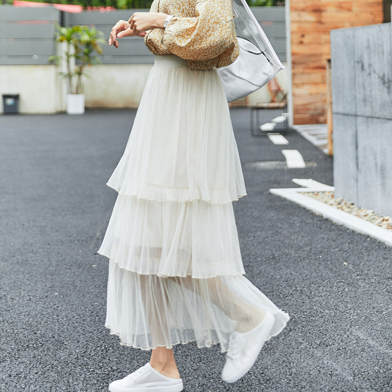 春夏新款仙女女裙2021网纱半身中长三层百褶裙半身裙