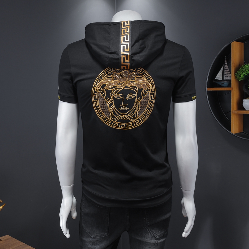 美杜莎亮片连帽短袖t桖男2022夏季男士潮牌修身丝光棉半袖衣服薄t