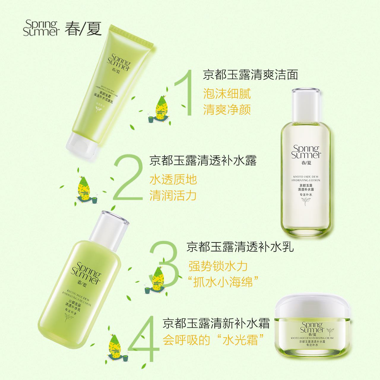 春夏京都玉露补水4件套张艺兴补水保湿乳液洁面旗舰店护肤品礼盒-春夏