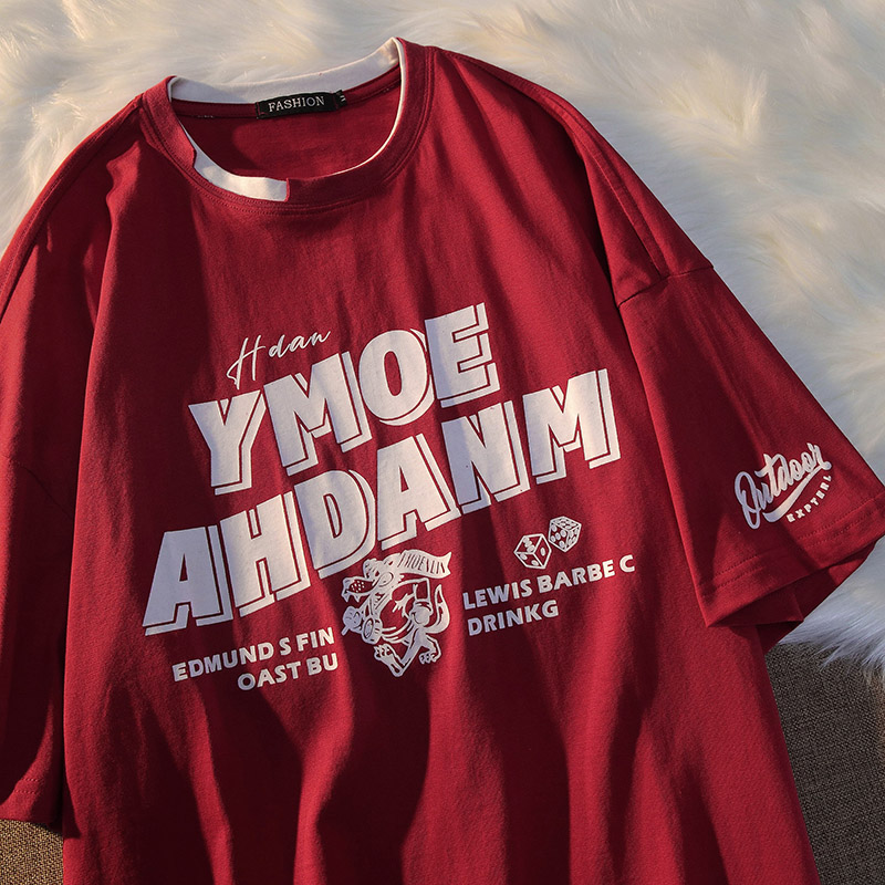 美式复古2021新款假两件短袖T恤男女情侣小众设计感bf风百搭学生