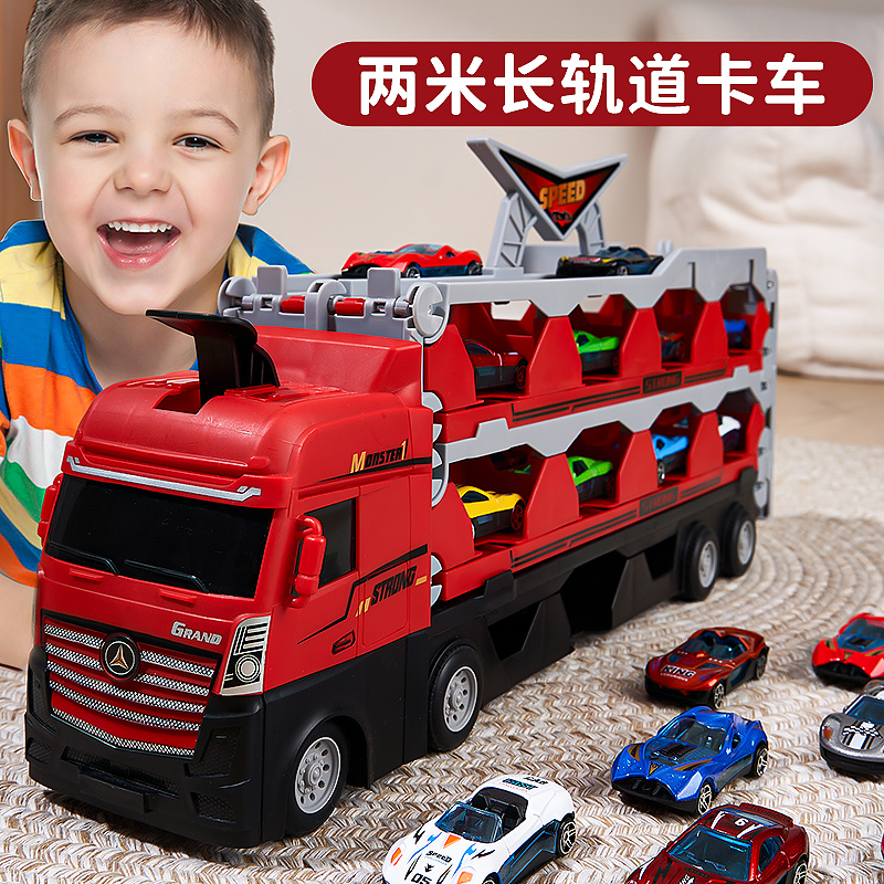 爱打扮(www.idaban.cn)，合金收纳货柜工程车变形大卡车儿童运输滑行轨道弹射汽车男孩玩具