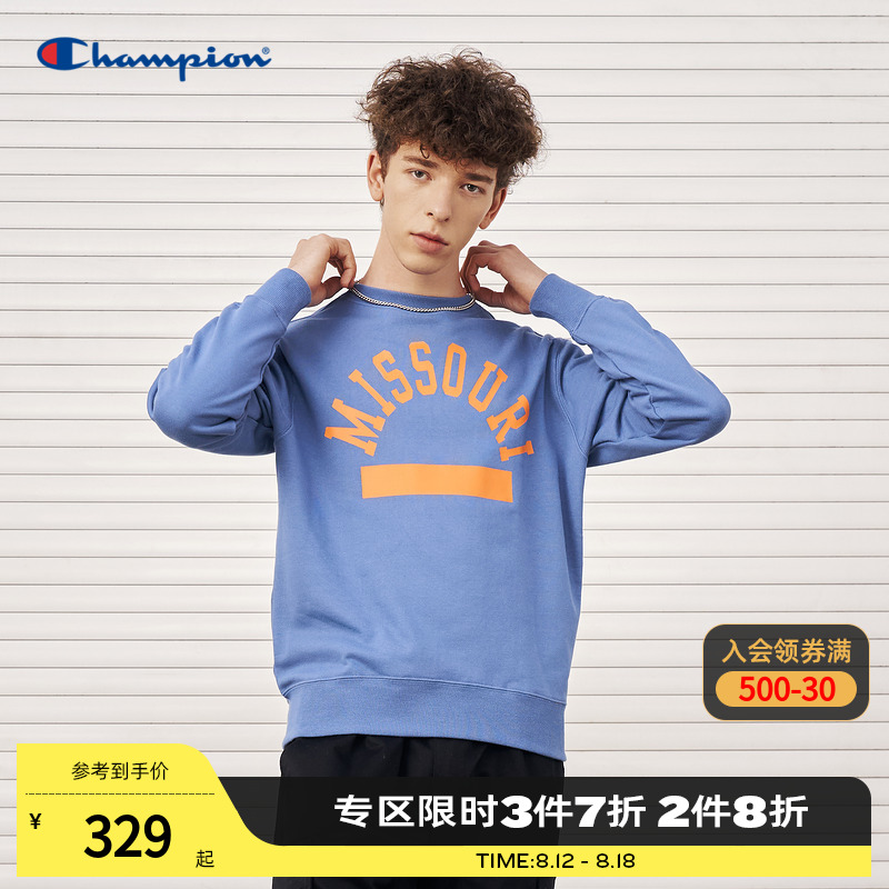 Champion冠军卫衣官网春秋秋季新款字母印花圆领卫衣男时尚蓝色