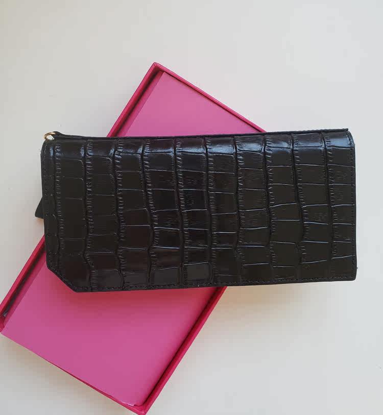韩国omnia专柜正品鳄鱼纹长款牛皮黑色高档时尚薄款女士钱包 现货