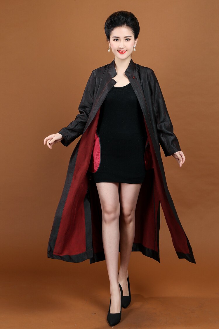 春夏新款中年女装风衣中长款真丝香云纱大码宽松妈妈外套长袖龟纹