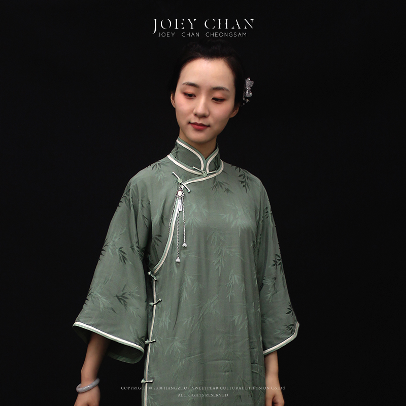 joeychan巧懿涧竹翠竹一片片式平裁双绲倒大袖古法旗袍
