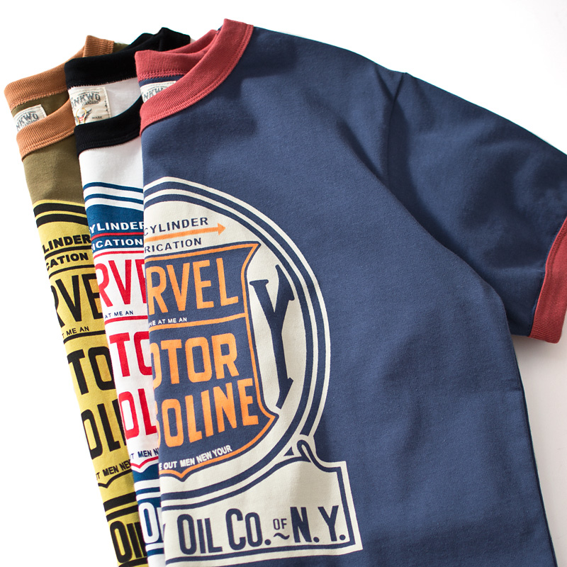 阿美咔叽美式复古t恤 230g双纱纯棉机车印花tee拼色圆领短袖t恤男