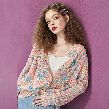 Fairy's Pocket Rainbow Sweater Cardigan Women's 2024 Spring New Lazy Style High-end Sweater Jacket