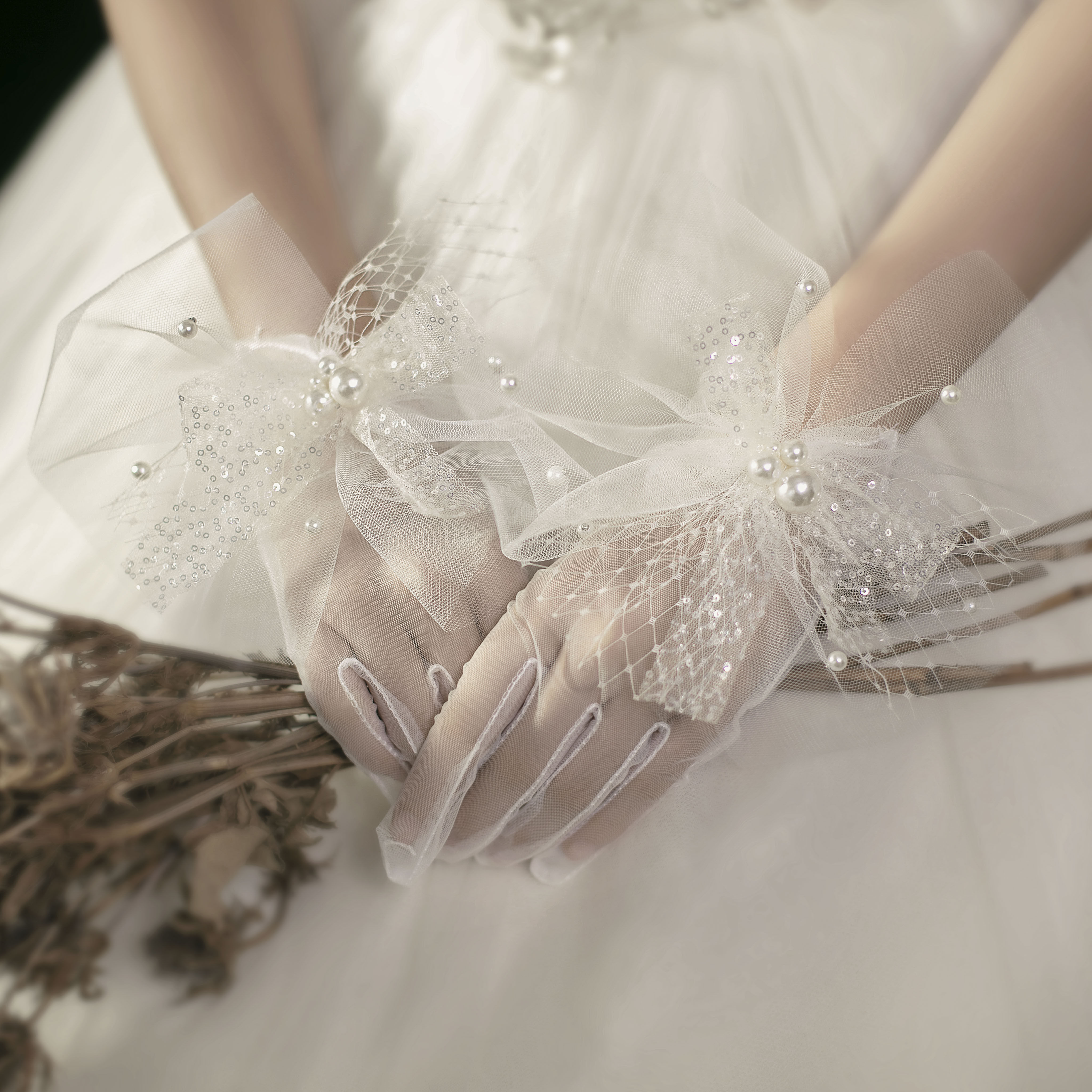 兮木婚品韩式超仙公主泡泡婚纱新娘手套时尚婚纱手套