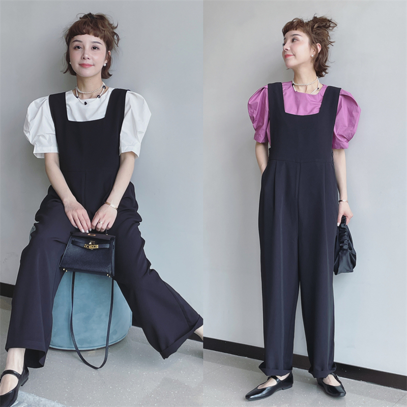 高品质时髦气质款套装 洋气泡泡袖上衣+直筒背带裤 两件套！夏装