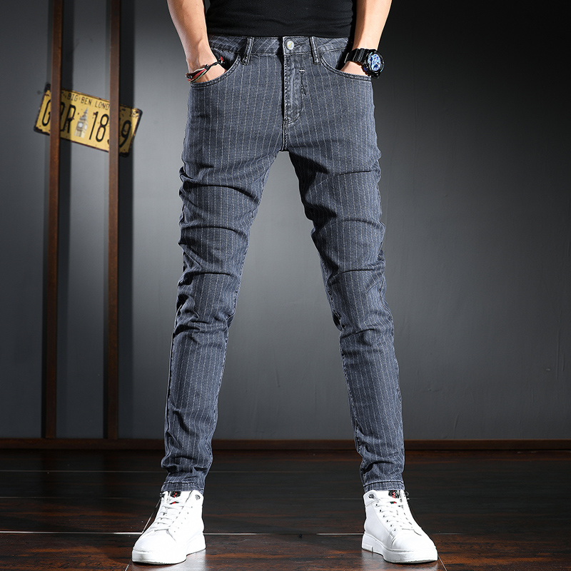 秋季男士牛仔裤修身小脚潮流条纹休闲长裤子韩版百搭港风潮牌男裤