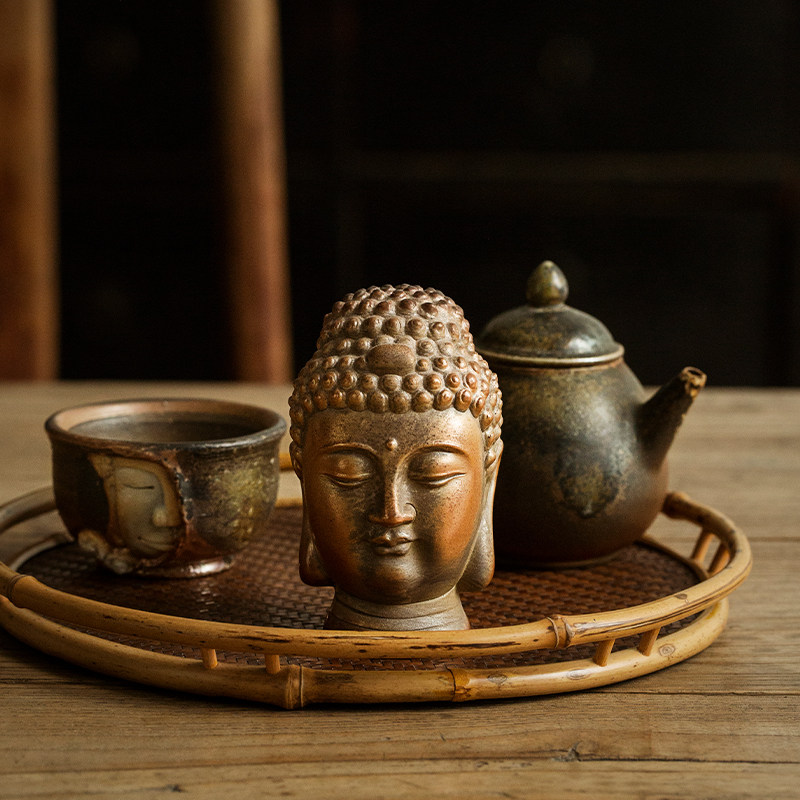 向美柴烧手工如来佛头茶摆件精品可养柴窑茶玩茶宠摆件