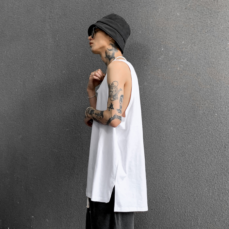 高街嘻哈潮牌宽松下摆漏边开叉纯色打底长款白色内搭打底衫背心男