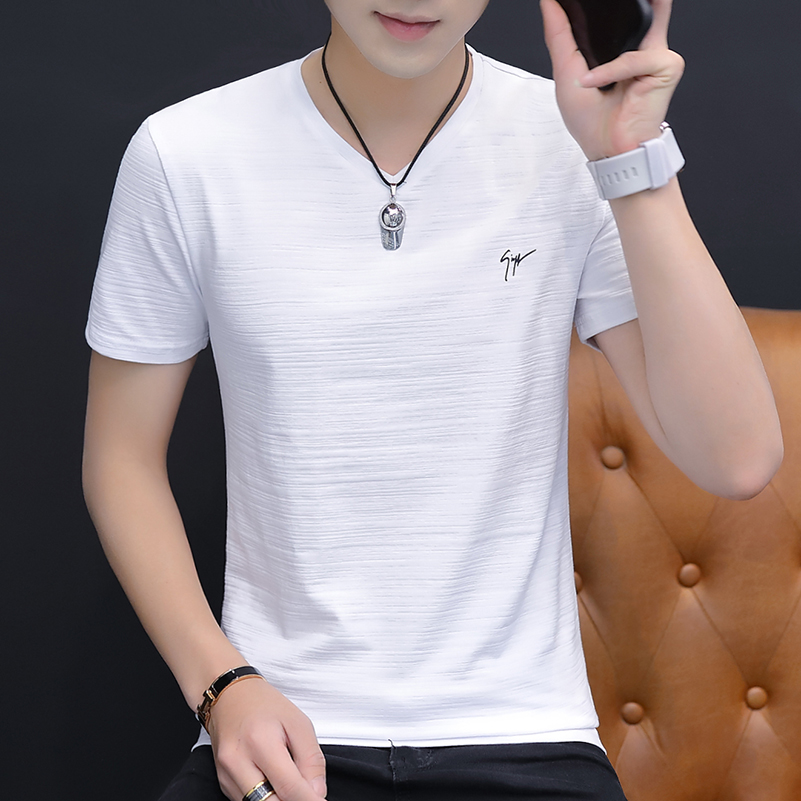 夏天净面男士短袖t恤纯棉瓜子领白色上衣冰丝透气半袖体恤男装潮