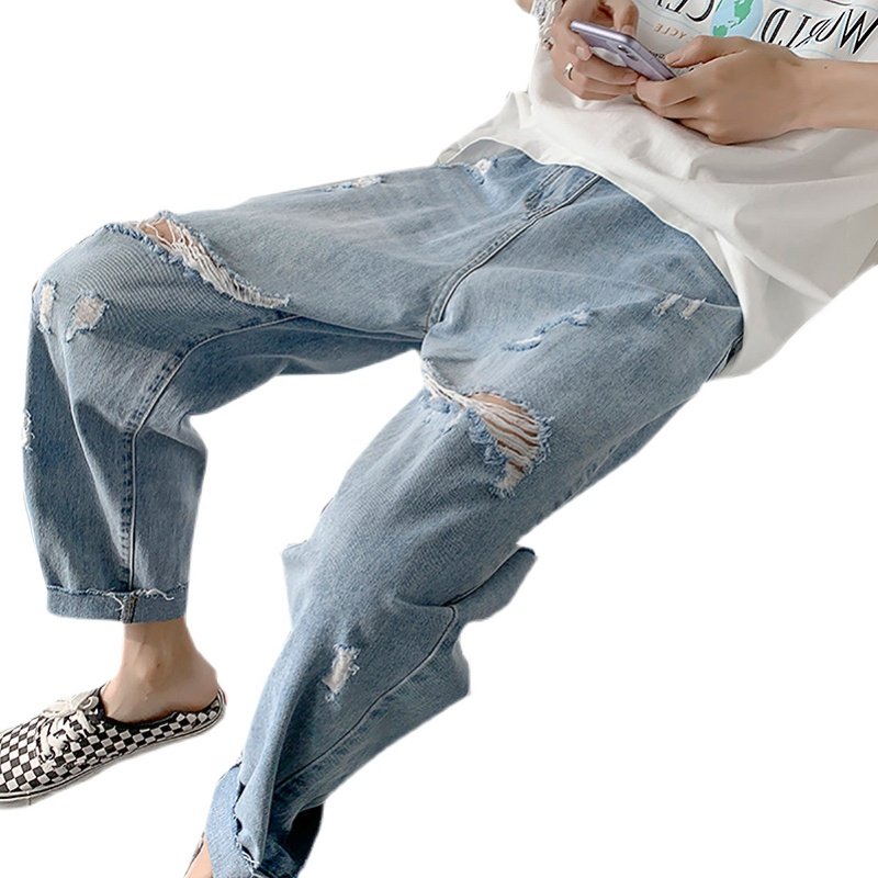 夏季破洞牛仔裤男2021年新款高街裤子ins潮流宽松直筒九分乞丐裤