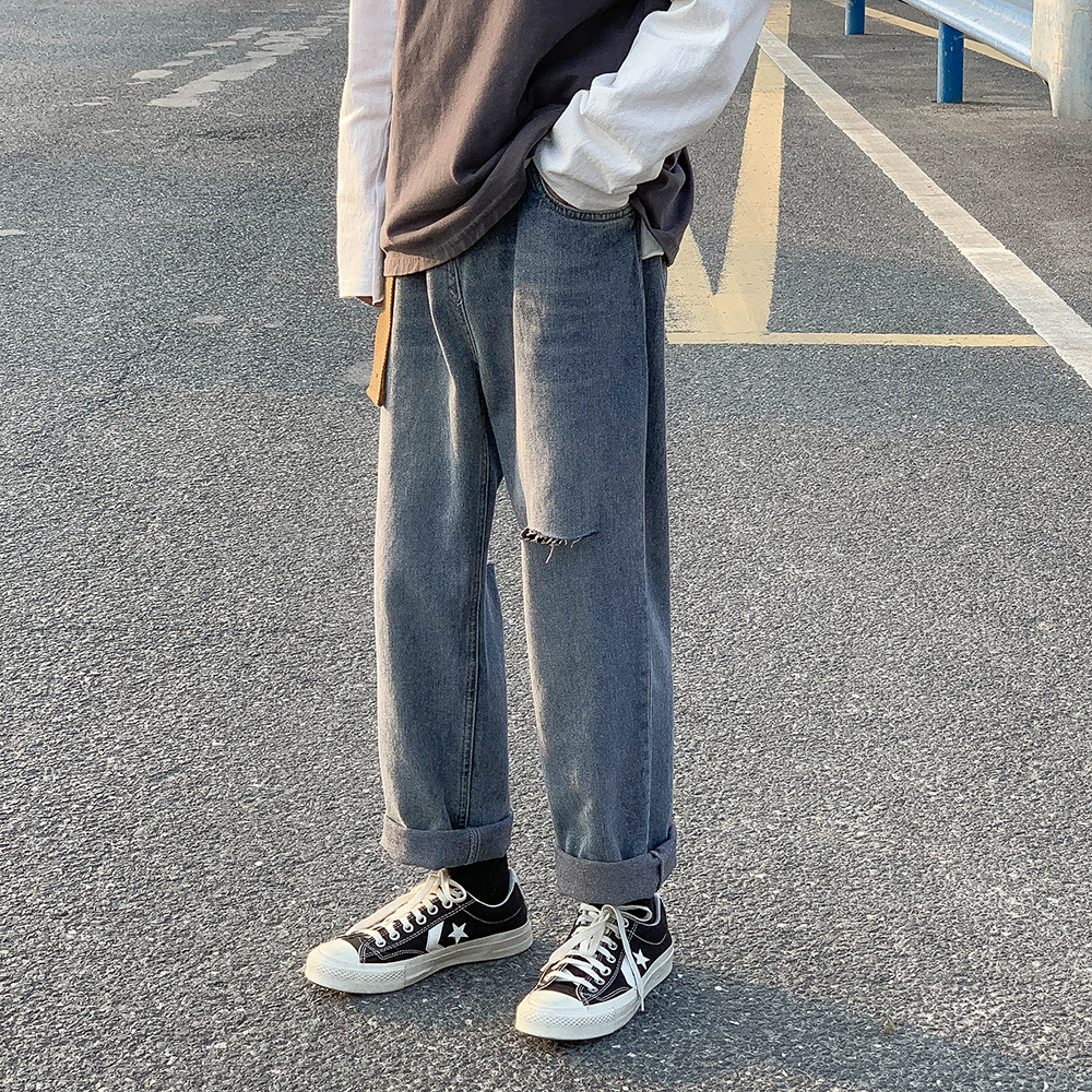 日系破洞牛仔裤男薄款浅色九分韩版宽松潮流夏季坠感阔腿直筒裤子