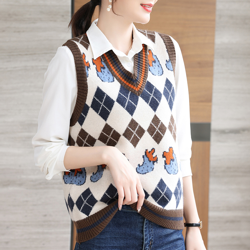 格子毛线针织背心马甲女士妈妈春秋复古提花毛针织衫