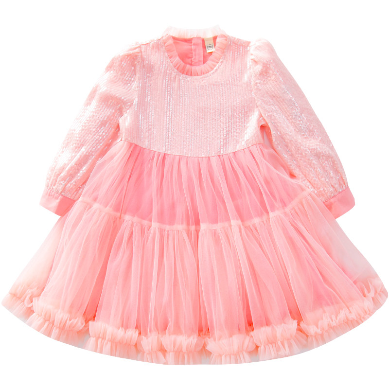 女童连衣裙春装长袖儿童公主新款亮片纱裙粉色连衣裙