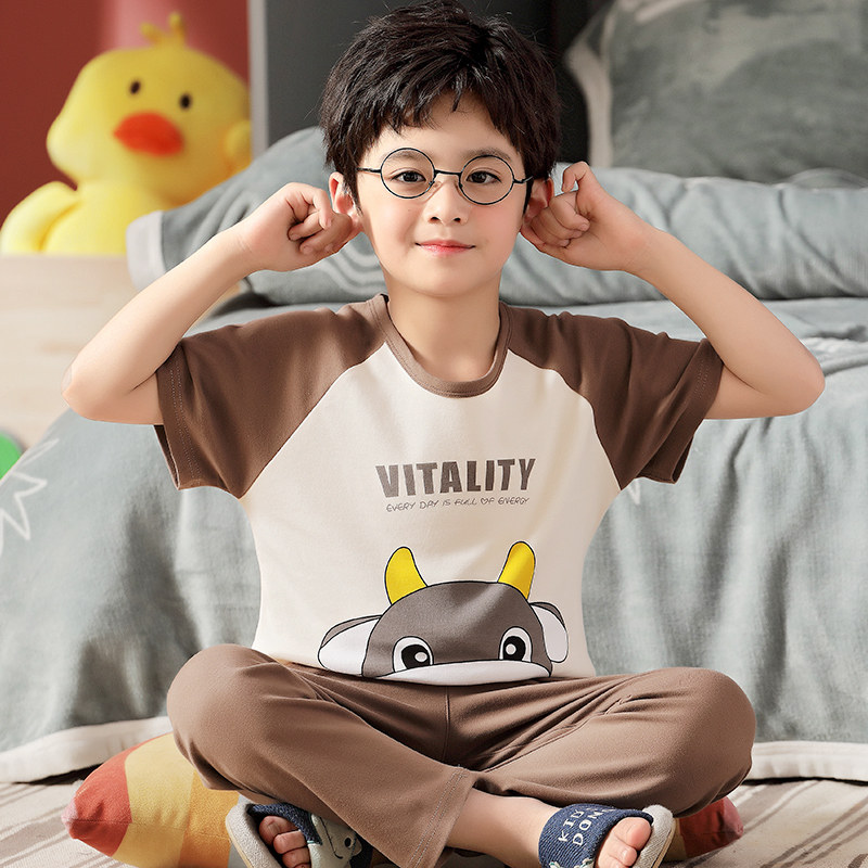 儿童睡衣男童纯棉小男孩大童夏季半袖长裤9岁家居服套装