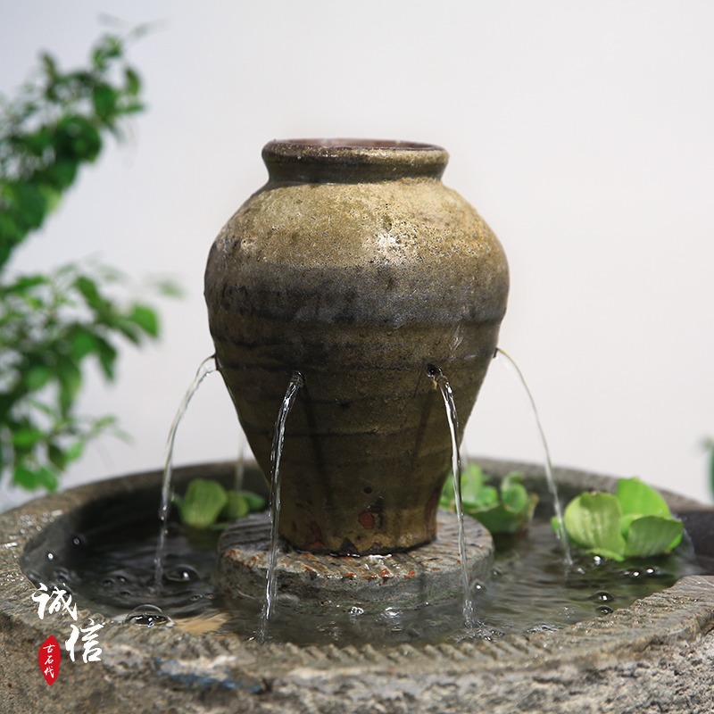 石磨流水石槽鱼缸家用阳台石盆造景古旧石器创意瓦罐喷泉流水景观