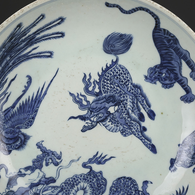 瓷器摆件青花龙凤麒麟瑞兽盘景德镇仿古古董古玩摆件