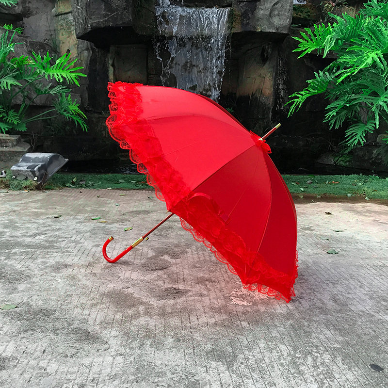 红色蕾丝蕾丝花花边新娘结婚红伞婚庆庆大长柄伞