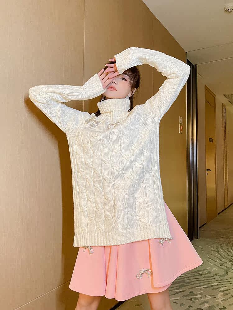 设计师victoriawang蝴蝶结高领麻花编织毛衣毛衣