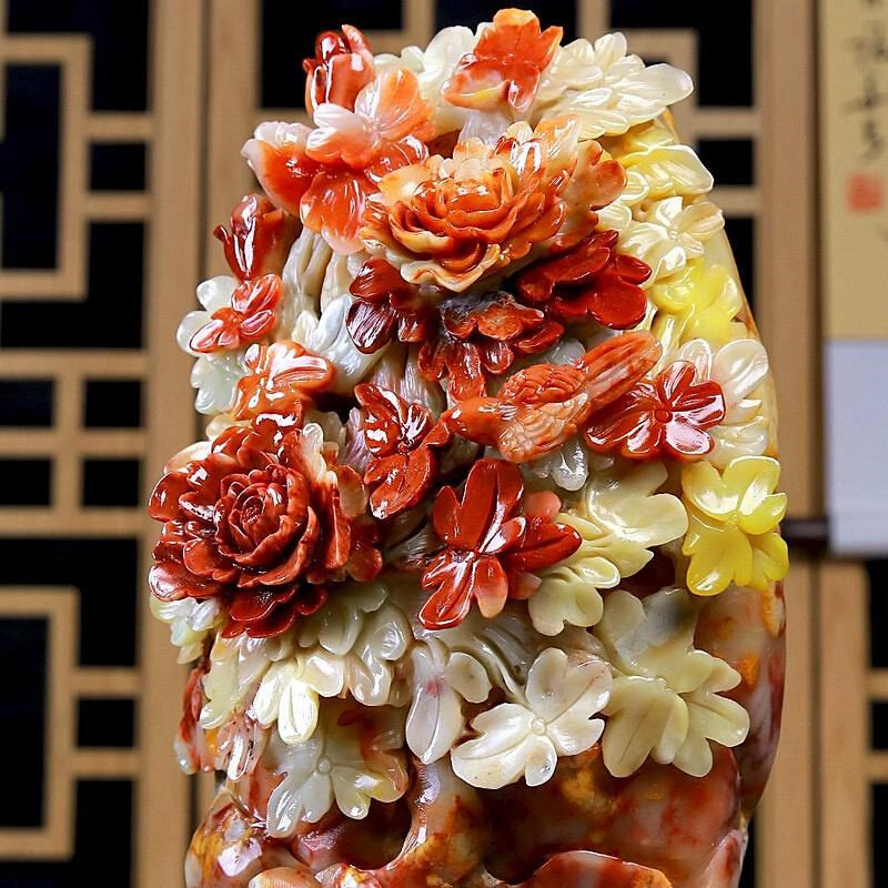 摆件寿山山石花开富贵花朵石雕工艺品装饰家居客厅大厅石雕