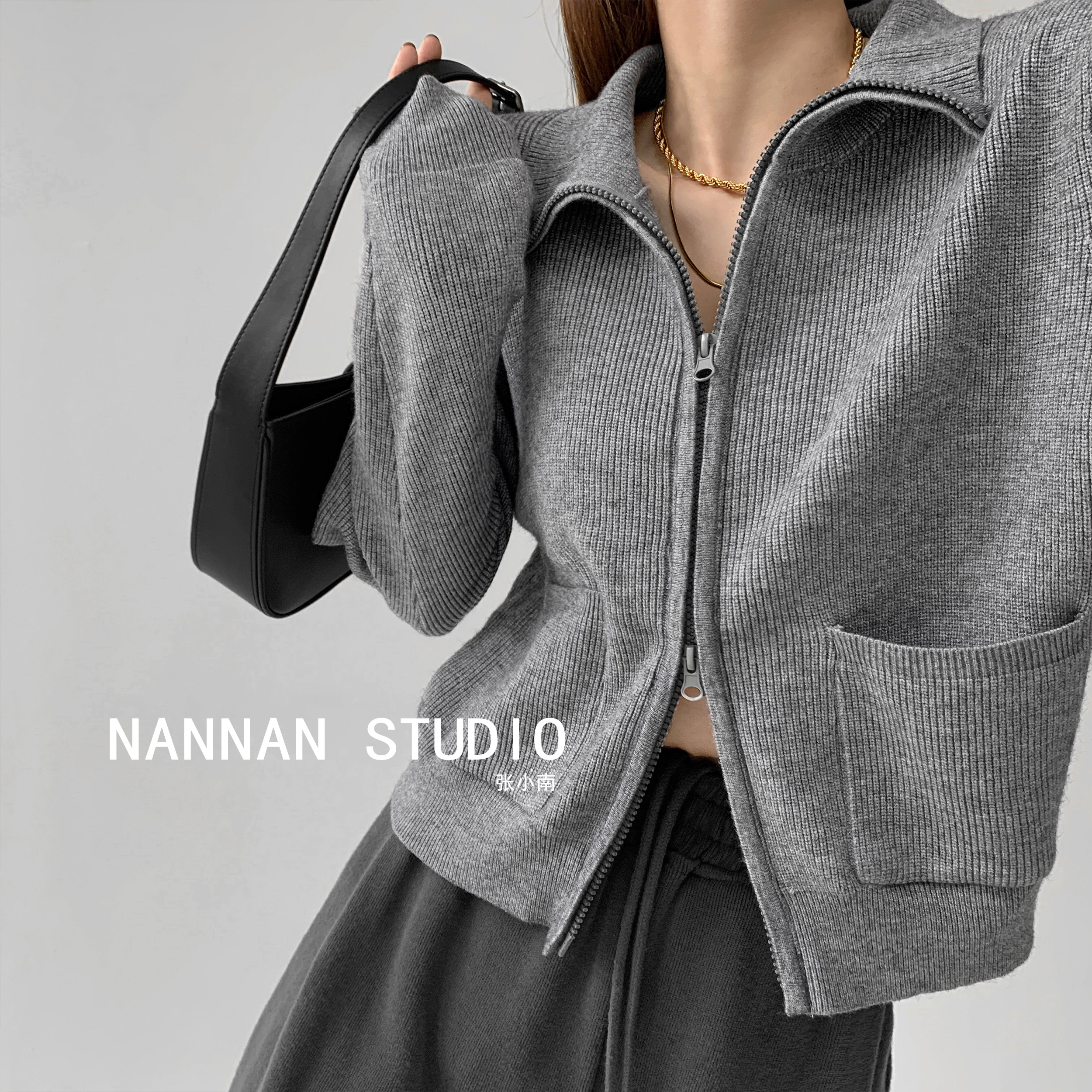 美式复古设计感翻领显瘦针织开衫女春秋季别致双拉链长袖口袋毛衣