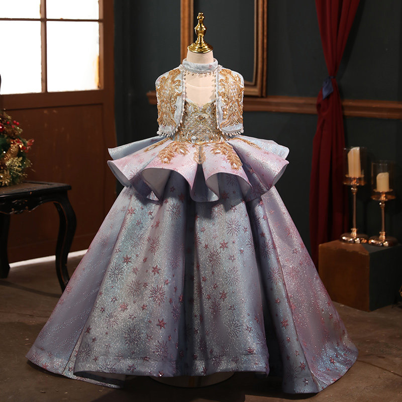 女童礼服公主欧式高端大气儿童拖尾主持人走秀儿童礼服